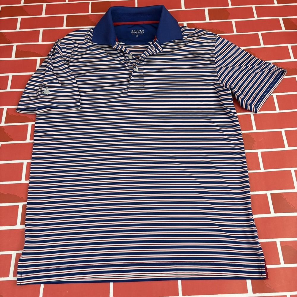 Brooks Brothers Polo Shirt Mens S Blue Red White Striped Stretch Short Sleeve